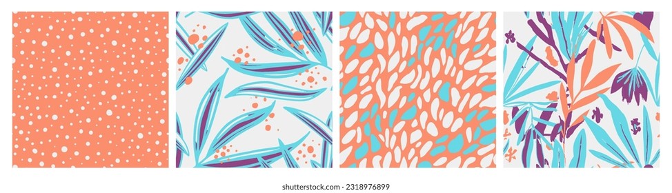 Colorful Seamless Color Spring Fabrics Texture. Green Seamless Doodle Tropic Scribble, Seamless Set. Bright Repeated Abstract Fresh Illustration Art. 