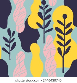 Colorful Seamless Color Trendy Fabrics Background. Purple Repeated Creative Vintage Ornament, Seamless Backdrop. Green Continuous Classic Plant Decor Pattern. 