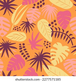 Colorful Seamless Creative Foliage Decor Background. Vivid Endless Elegant Simple Textile, Seamless Pattern. Pink Repeated Fashion Fresh Ornament Wallpaper. 