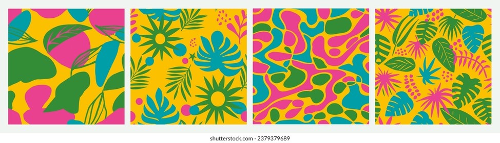 Colorful Seamless Creative Palm Illustration Set. Yellow Repeated Fashion Tree Textile, Seamless Print. Bright Seamless Color Artistic Decor Art. 