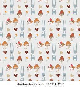 Colorful seamless cute pattern with hand draw doodle rabbits, flowers, mushrooms and hearts. Vector background