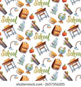Colorful seamless design with school elements: backpacks, globes, desks, lamps, books. Ideal for back-to-school campaigns and kids materials.
