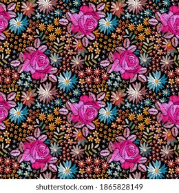 Colorido y sin costura, con flores bordadas. Rosas y flores silvestres sobre fondo negro. Diseño de verano brillante. 