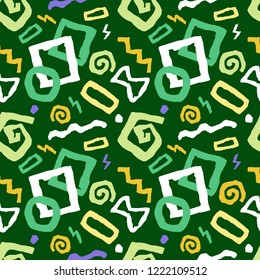 Colorful Seamless doodle art pattern in green background with different shapes perfect for fabric, textile, gift wrap, wallpaper. Hand drawn vector illustration