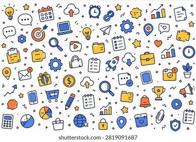 Colorful seamless doodle background filled with business, technology, education, and lifestyle icons in editable vector format.