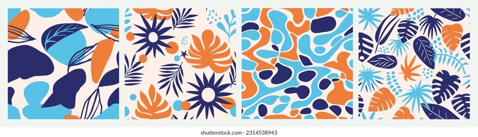 Colorful Seamless Doodle Blossom Textile Vector. Blue Endless Summer Tree Shape, Seamless Set. Vivid Repeated Creative Bloom Ornament Design. 