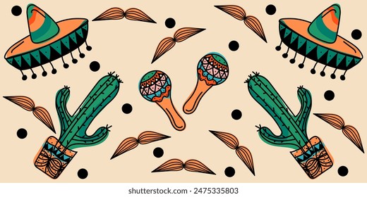 Colorful seamless Doodle Mexican pattern: sombrero, cactus, mustache, maraca. Vector hand drawn illustration in black, green, red colors. Isolated on beige background. Latin American culture	