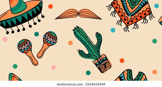 Padrão mexicano sem costura colorido Doodle: sombrero, cacto, bigode, maraca, poncho. Desenhado à mão vetorial, não ilustração AI em cores verdes e vermelhas. Cultura latino-americana	