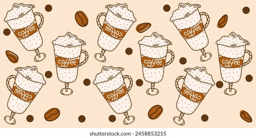 Colorful seamless Doodle pattern coffee with dots, beans in brown, white colors on beige background. Vector hand drawn illustration for business, banners, textile, wallpaper, wrapping