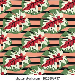 Colorful seamless doodle pattern with creative montera ornament design. Green and pink colored leaves on coral and black striped background. Vector illustration.