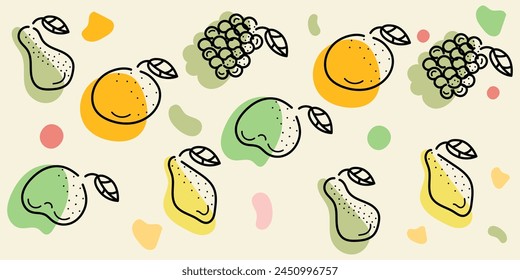 Colorido patrón Doodle Frutas: pera, limón, naranja, uvas. Ilustración dibujada a mano de Vector multicolor hecha en colores negro, verde, naranja, amarillo. Aislado sobre fondo beige	