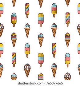 Colorful seamless doodle pattern. Retro ice-creams. Vintage background. 