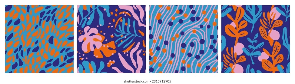 Colorful Seamless Doodle Plant Template Design. Blue Continuous Nature Retro Paint, Seamless Print. Dark Seamless Elegant Spring Invitation Texture. 