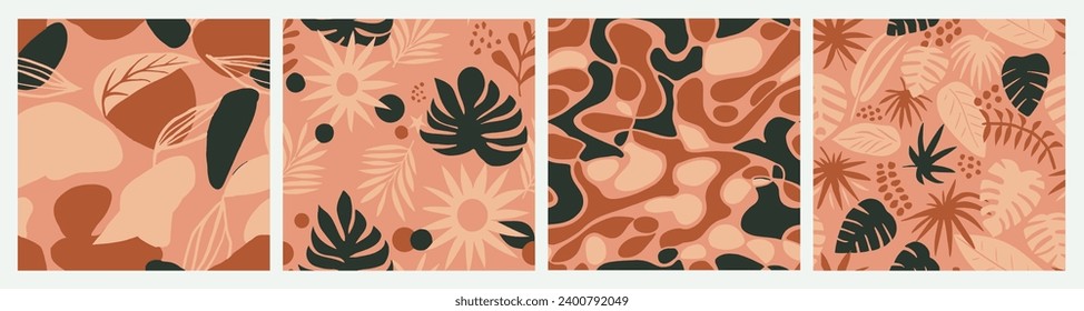 Colorful Seamless Doodle Tropic Artwork Set. Yellow Repeated Classic Artistic Illustration, Seamless Print. Light Repetitive Nature Isolated Shape Pattern. 