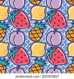 colorful seamless doodles of juicy summer fruits, strawberry, pineapple, lemon, grapes. vector illustration