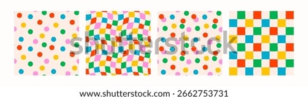 Colorful seamless dot and checker patterns with playful retro vibe. Bright dots and squares abstract confetti backgrounds. Perfect for fabric, wrapping paper, kids decor. Drag to swatches panel