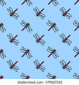 Colorful seamless dragonfly pattern. Repeating vector illustration.