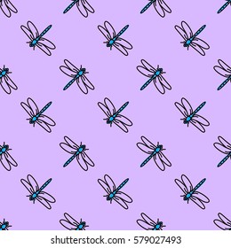 Colorful seamless dragonfly pattern. Repeating vector illustration.