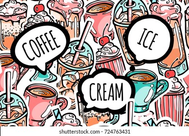 Colorful seamless drinks pattern . Cappuccino, coffee, milkshake, cocktail and speech bubbles with phrases coffee, ice, cream. Sticker line art design for web or print background.