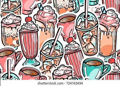 Colorful seamless drinks pattern . Cappuccino, coffee, milkshake, cocktail sweet dessert elements. Sticker line art design for web or print background.