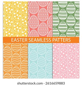  Colorful Seamless Easter Egg Patterns Set with Hand-Drawn Designs in Pastel Shades