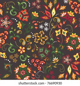 Colorful seamless with eastern patterns on dark background.