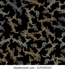 Colorful seamless embroidery border with bright flowers and leaves.  Floral embroidered pattern on black background. Fashion print.