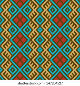 Colorful seamless ethnic pattern background in magenta blue, red, brown and gold colors. Vector file editable, scalable and easy color change. Can use it for packaging, textile design and scrapbooking