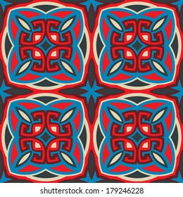 colorful seamless ethnic pattern background in bright blue, red and white colors, vector illustration.Vector file editable, scalable and easy color change. 