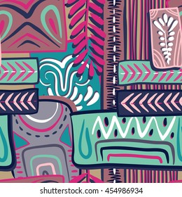 Colorful seamless ethnic pattern. Hand-drawn, retro, doodle, vector, zentangle tribal design