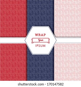 Colorful seamless fabric texture vector illustration in hand drawn style with hexagon shaped ribbon for backgrounds, brochures, web sites and layouts - white, red, blue edition