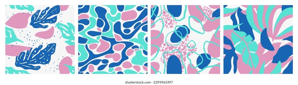 Colorful Seamless Fashion Garden Fabrics Set. Green Continuous Abstract Artistic Shape, Seamless Backdrop. Hippie Seamless Doodle Foliage Scribble Collection. 