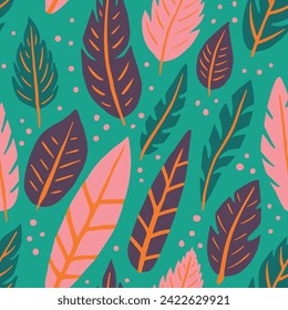 Colorful Seamless Fashion Plumage Lines Pattern. Black Endless Abstract Feathers Illustration, Seamless Backdrop. Hippie Seamless Fresh Quill Decor Print. Quill