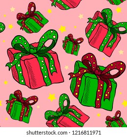 Colorful seamless festive pattern with gift bright boxes with a ribbon and a bow of peas. Vector illustration. Lovely illustration. Handwork.