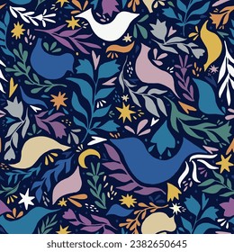 Flora inmaculada colorida con hojas, estrellas, pájaros. Año nuevo y patrón de Navidad. Colores arcoiris. Arte popular. Empaquetado de fondo vectorial con ornamentos florales, estrellas e ilustraciones de aves.