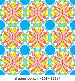 Colorful seamless floral geometric pattern featuring symmetrical flower shapes in red, yellow and pink tones within green circles, interspersed with blue dots. retro-modern aesthetic