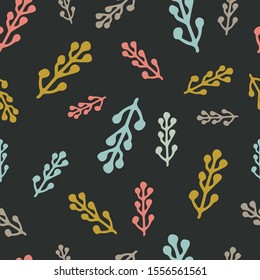 Colorful seamless floral pattern. Abstract print for fabric, wrapping paper and other surfaces. Twigs on a dark gray background.
