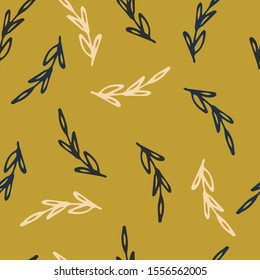 Colorful seamless floral pattern. Abstract print for fabric, wrapping paper and other surfaces. Twigs
  on mustard background.
