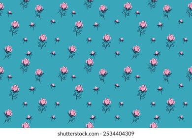 Colorful seamless  floral pattern with abstract tiny rose, buds. Vector hand drawn sketch cute ditsy flowers print on a blue background. Minimalist ornament for surface designs, children textiles, 