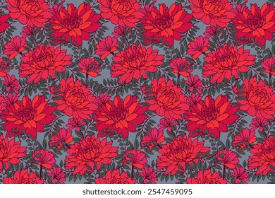 Patrón floral inconsútil colorido. Floración mezclada con hierbas, hojas y plantas de prado adorno de Naturaleza. Estampado de flores silvestres rojas de verano. Vector dibujado ilustración para diseños, tela, textiles