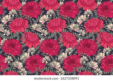 Colorful seamless floral pattern. Blooming mixed with herbs, leaves and meadow plants. Summer flowers background print. Vector drawn illustration. Nature ornament for designs, fabric, textiles