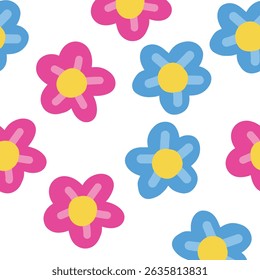 Padrão floral colorido sem emenda com flores desenhadas à mão em tons vibrantes de rosa e azul