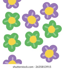 Colorful seamless floral pattern featuring hand drawn flowers in vibrant shades of green and purple.