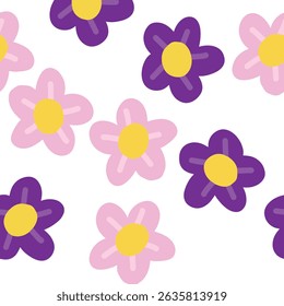 Colorful seamless floral pattern featuring hand drawn flowers in vibrant shades of purple and pink.