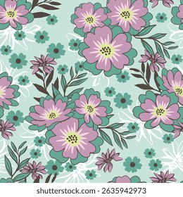 Colorful seamless floral pattern featuring blooming pink, yellow, and purple flowers with green leaves on pastel backgrounds. Cheerful and vibrant design ideal for fabric, gift wrapping, scrapbook 