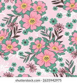 Colorful seamless floral pattern featuring blooming pink, yellow, and purple flowers with green leaves on pastel backgrounds. Cheerful and vibrant design ideal for fabric, gift wrapping, scrapbook 