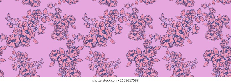 Padrão floral colorido sem emenda com delicados grupos de flores com detalhes finos em um fundo rosa vibrante. Perfeito para design têxtil, estampas de moda, papéis de parede e projetos de decoração elegantes.