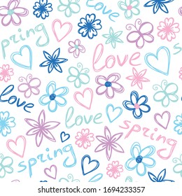 Colorful seamless floral pattern with hand drawn sping flower, the words Love and Spring. Sketch for wrapping paper, textile.
