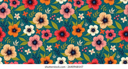 Colorful seamless floral pattern with hand-drawn flowers and leaves on a teal background. Ideal for fabric prints, wallpapers, gift wrap, stationery, textile, and spring or summer-themed designs.