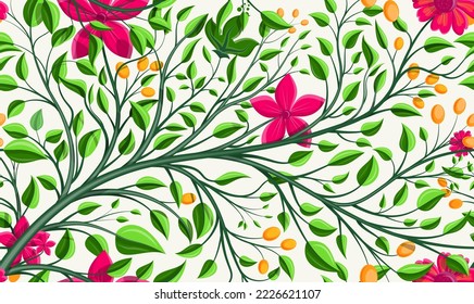 Colorful Seamless Floral Pattern. Highly Detailed Vector Flowers, Leaves, trees, And Fruits On a White Background. Well-Constructed Vector Artwork.